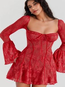 Damen Boho-Kleid Spitze Romantisch Langärmlig