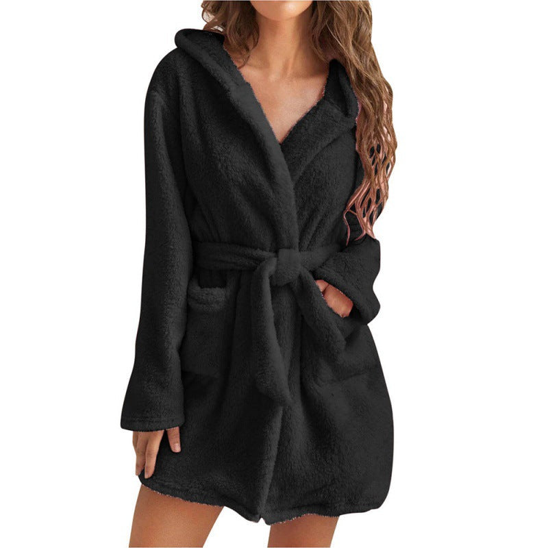 Damen Fleece Bademantel Weich Kapuze