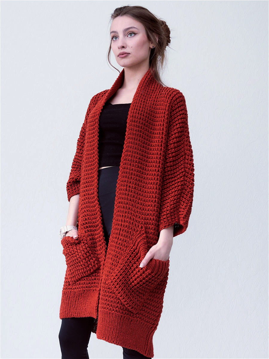 Oversized Strickjacke Offen Vorne Große Taschen