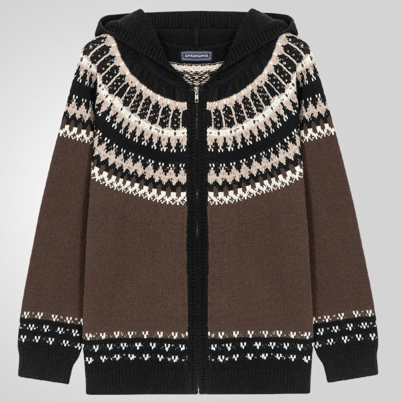 Herren Strickjacke Norweger Muster Kapuze Warm - IdealeKleiden