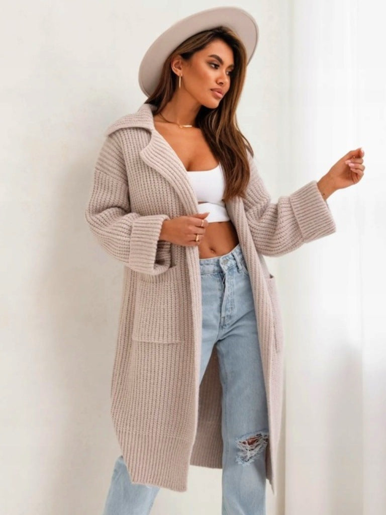 Langer Strickmantel Oversized Wollmix Kapuze