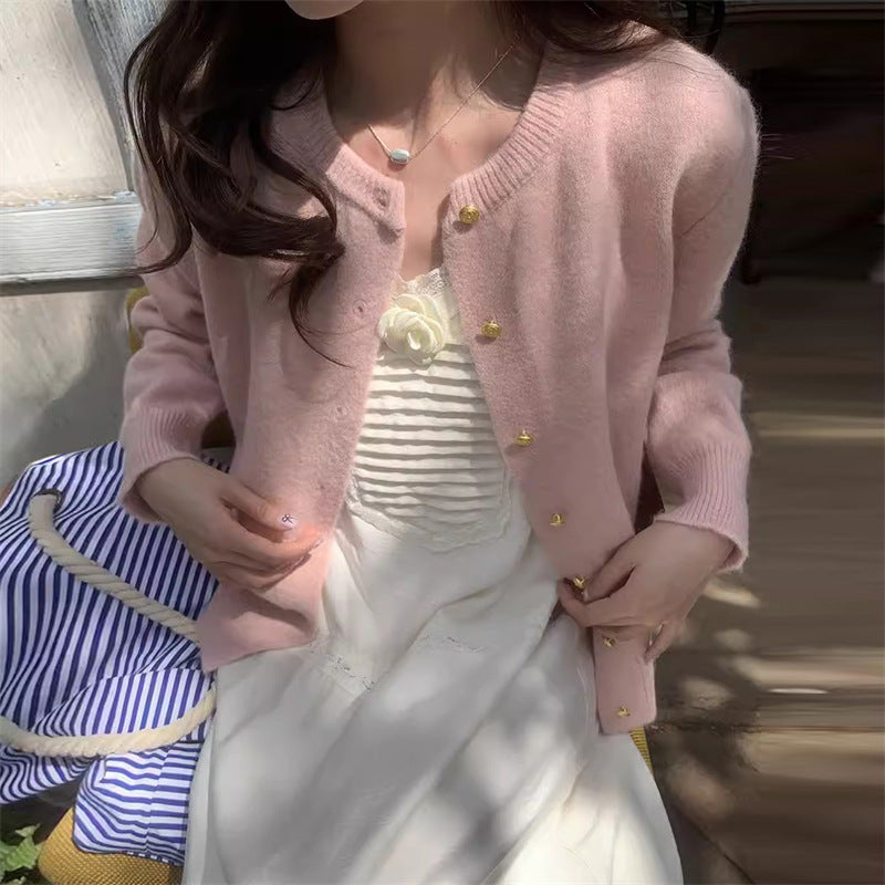 Retro Strickjacke Damen Rundhals Goldknöpfe