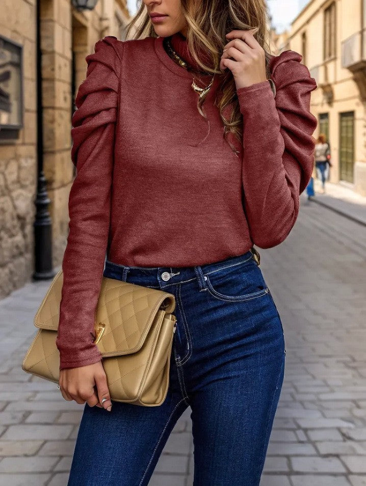 Weiche Strickpullover Damen Rundhals Puffärmel