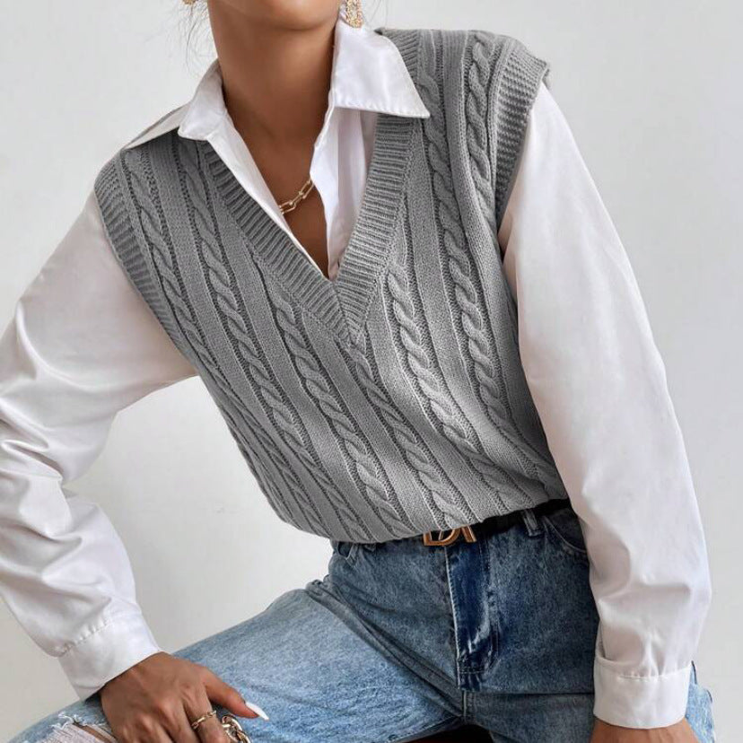 Damen Strickweste V-Ausschnitt Zopf Muster Elegante Frauenweste