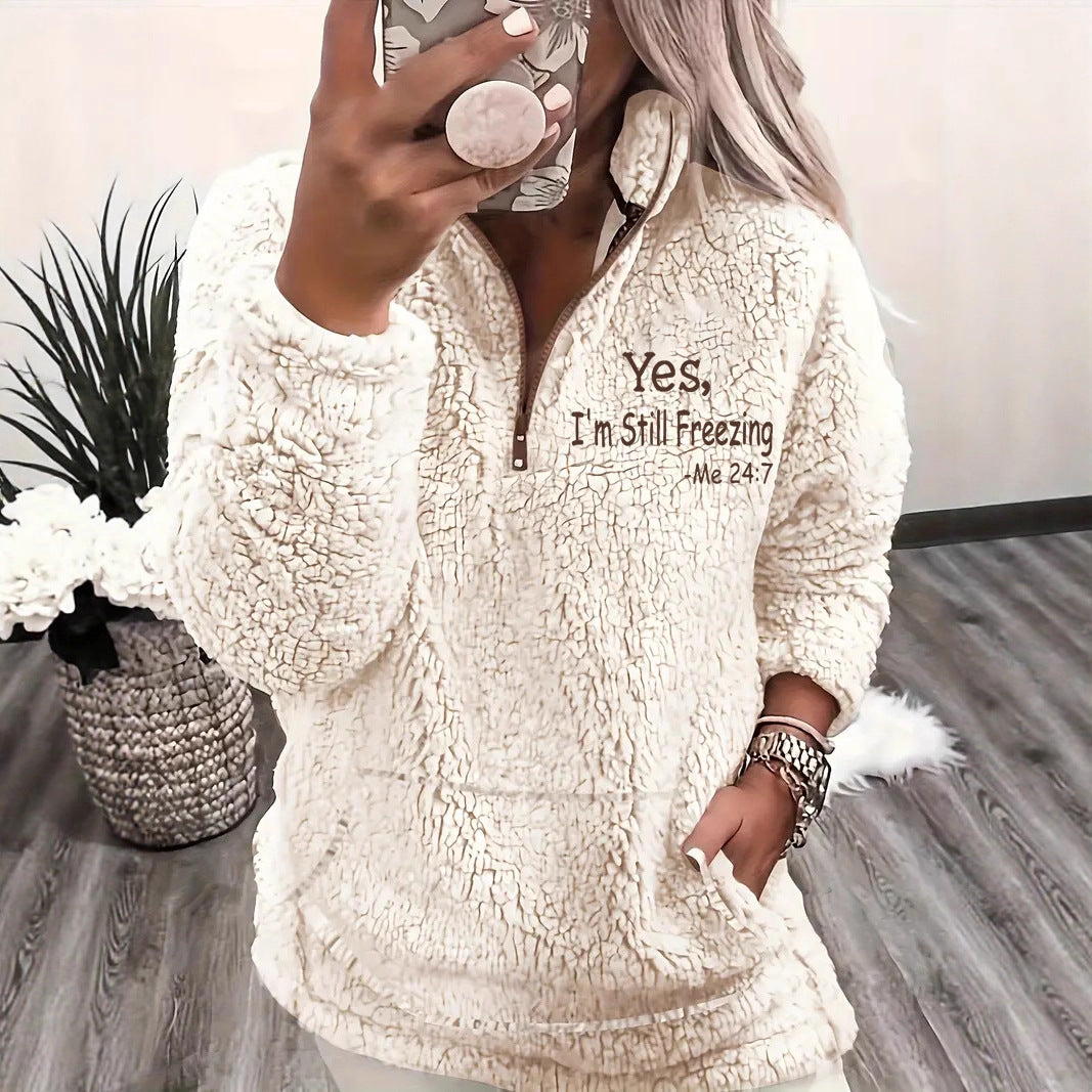 Damen Fleece Pullover Weich Kurz Reißverschluss Trendy - IdealeKleiden