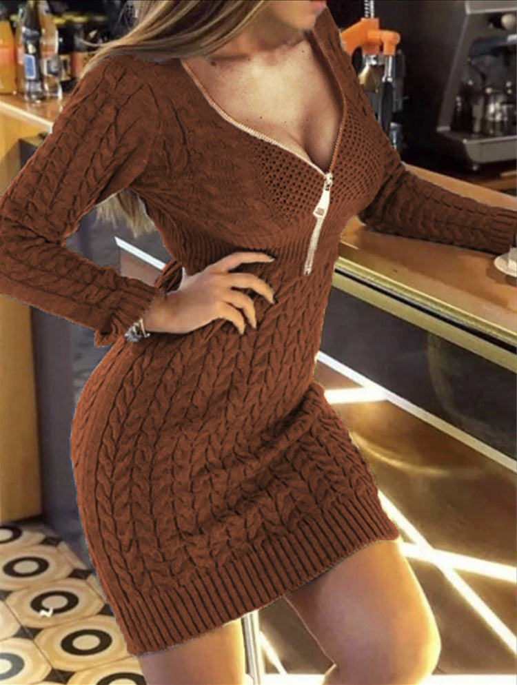 Damen Strickkleid Zopf Muster Elegant Lang
