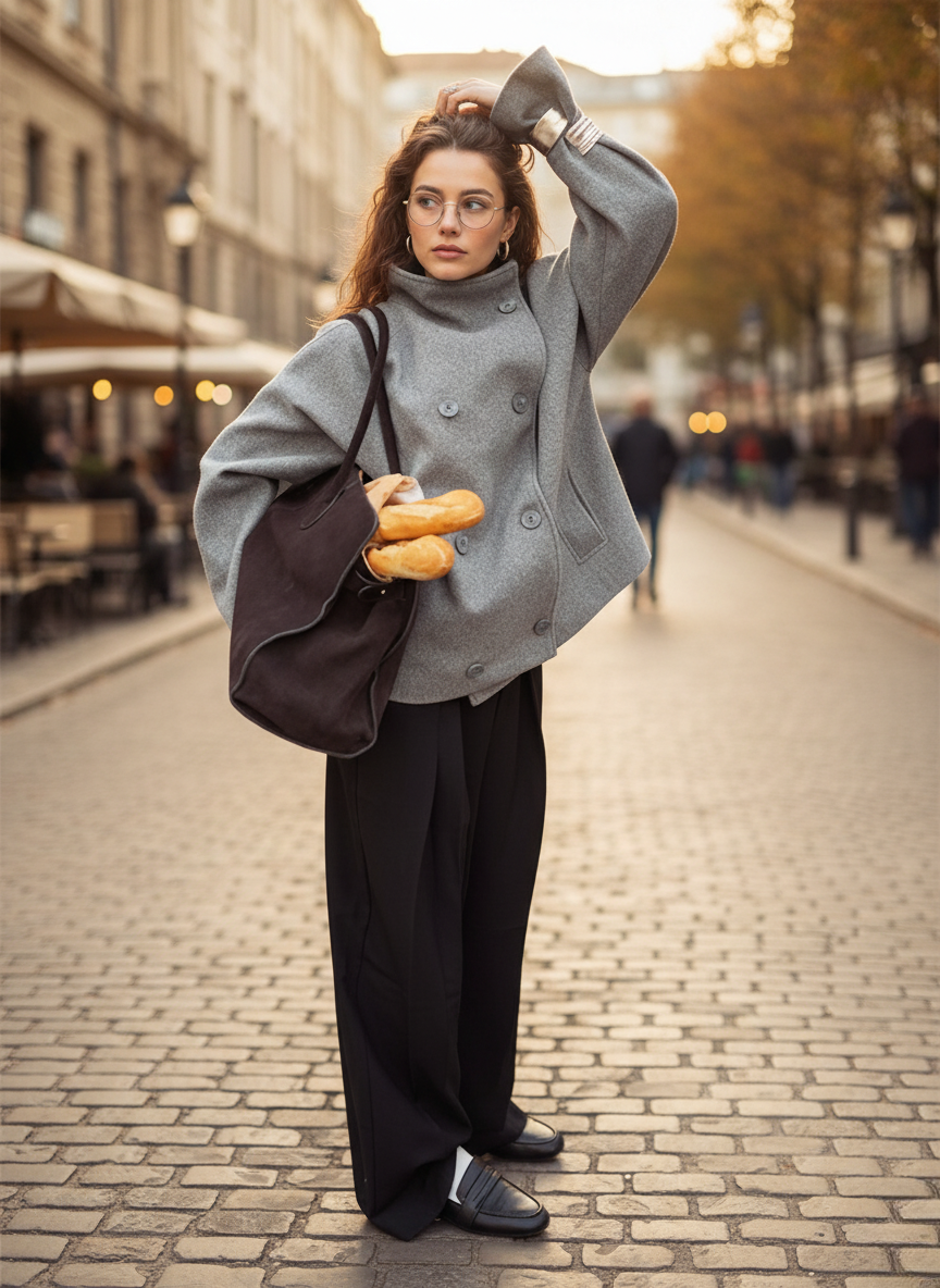 Oversized Wolljacke Stehkragen Doppelknöpfe