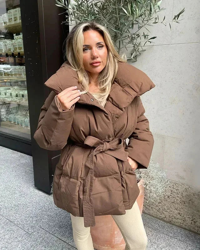 Damen Winterjacke Braun Oversized Gürtel