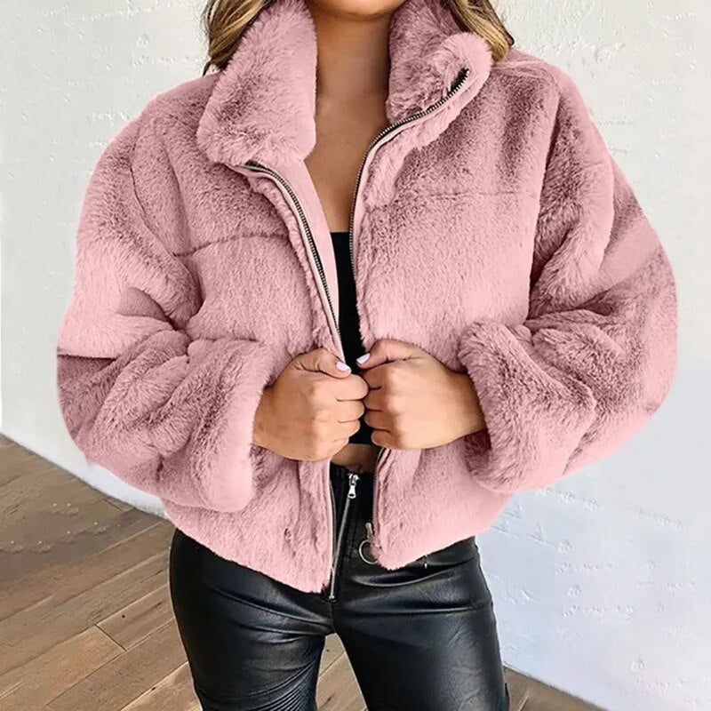 Übergroße Faux-Fur-Jacke Hoher Kragen Weich