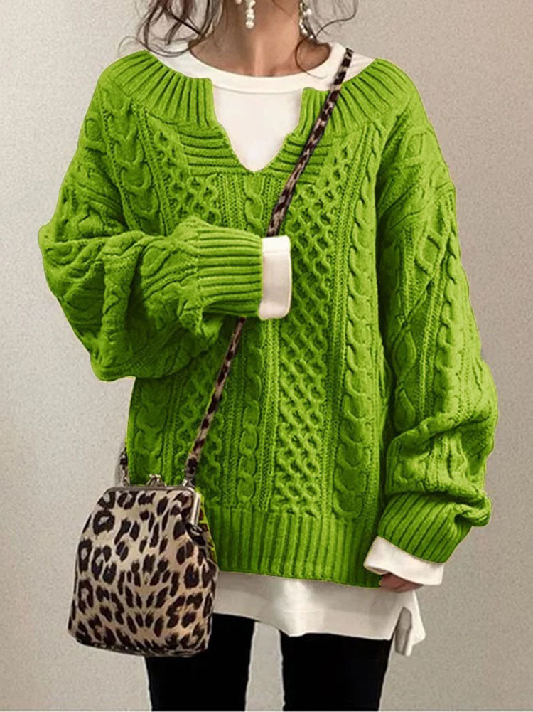 Damen Grobstrick Pullover Mit Schlitzkragen