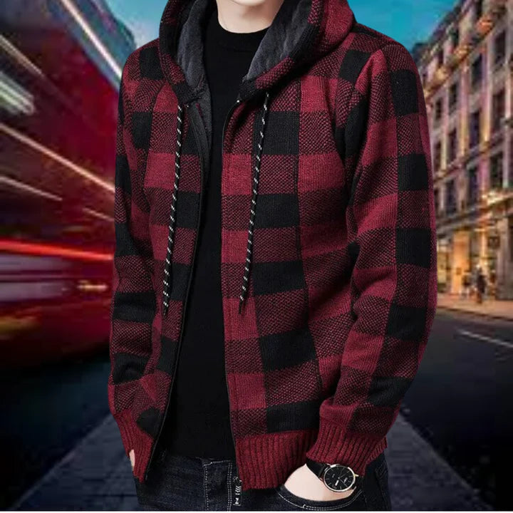 Herren Strickjacke Karo Kapuze Qualität