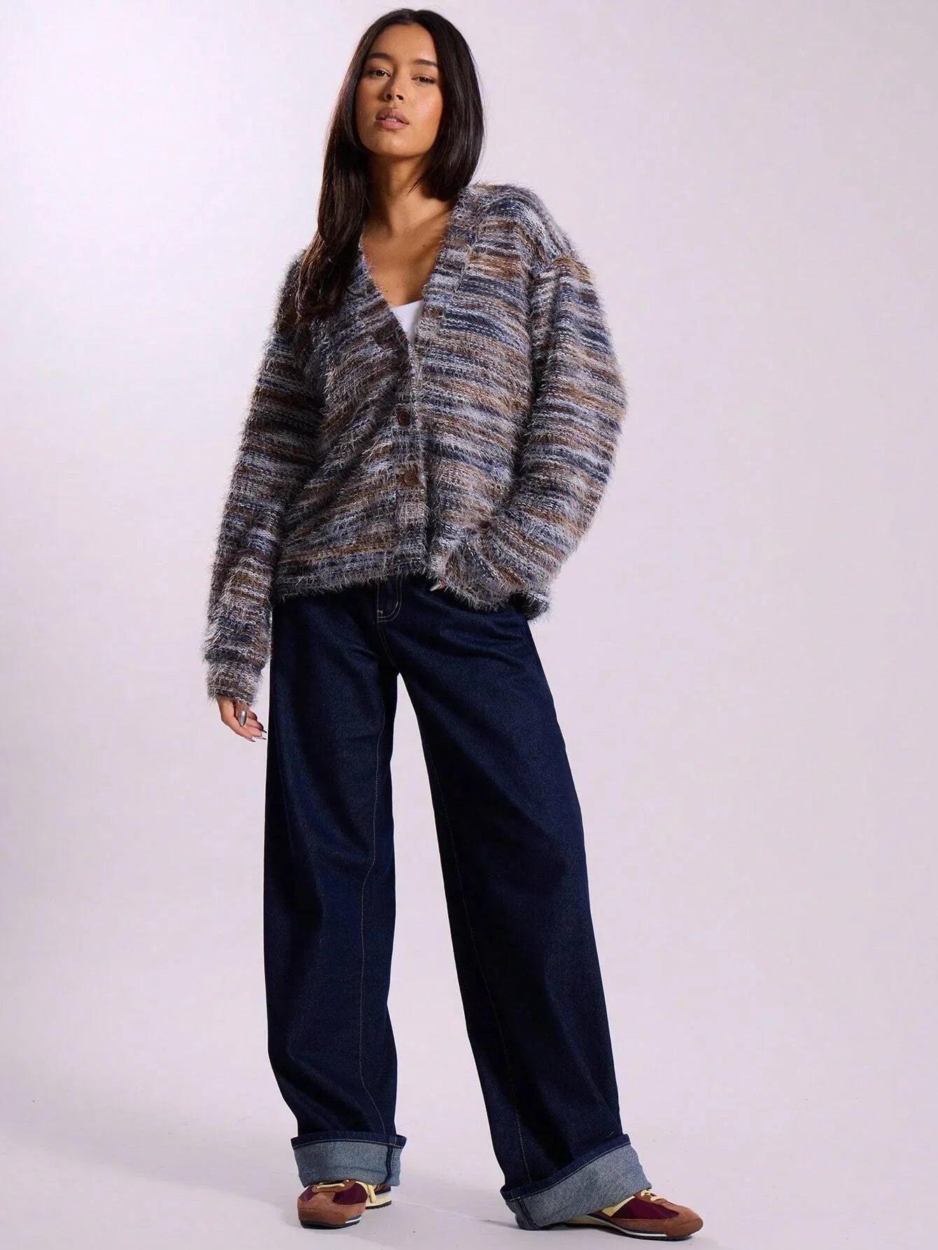 Damen Strickjacke Bunt Langärmlig Mit Knöpfen