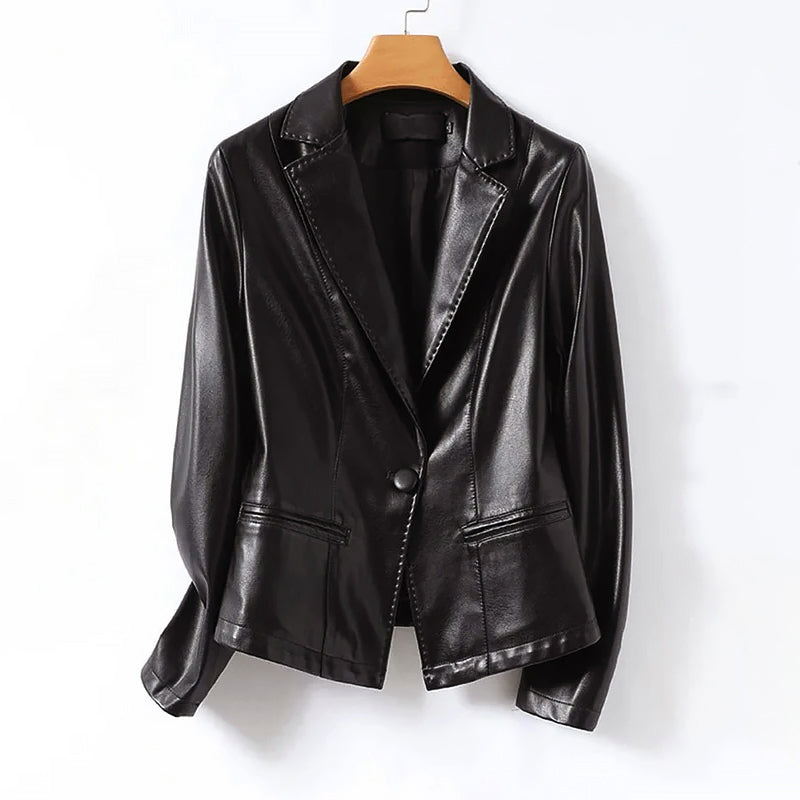 Elegante Lederjacke Ein-Knopf Blazer Design