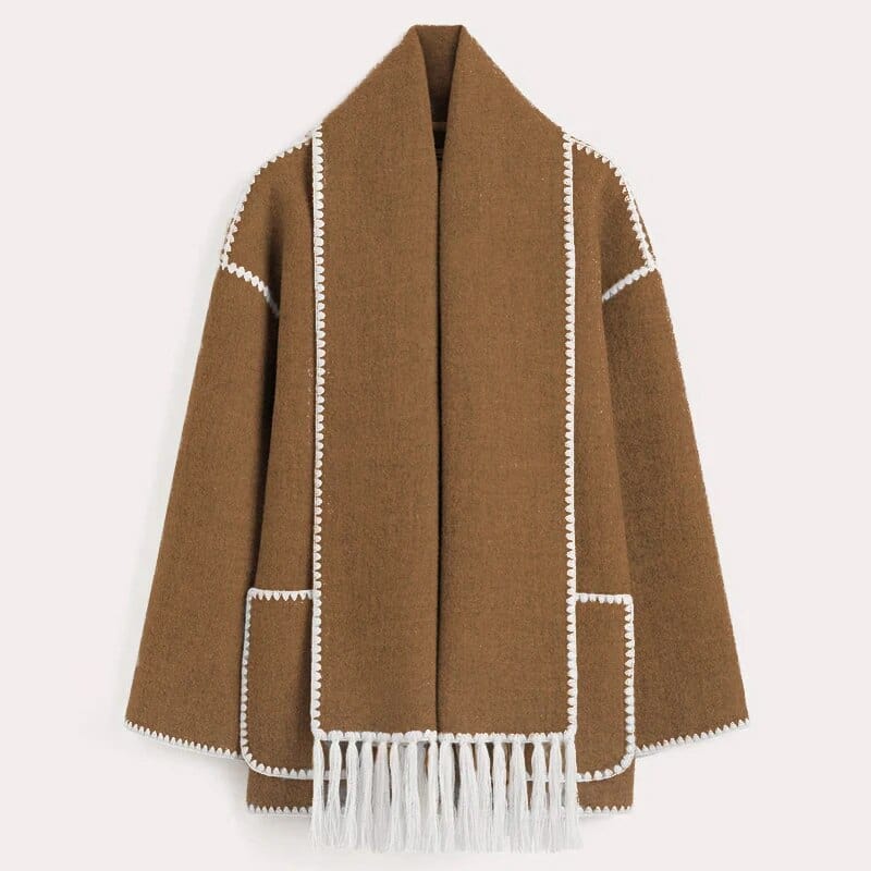 Stylische Wollmantel Damen Kontrast Besatz