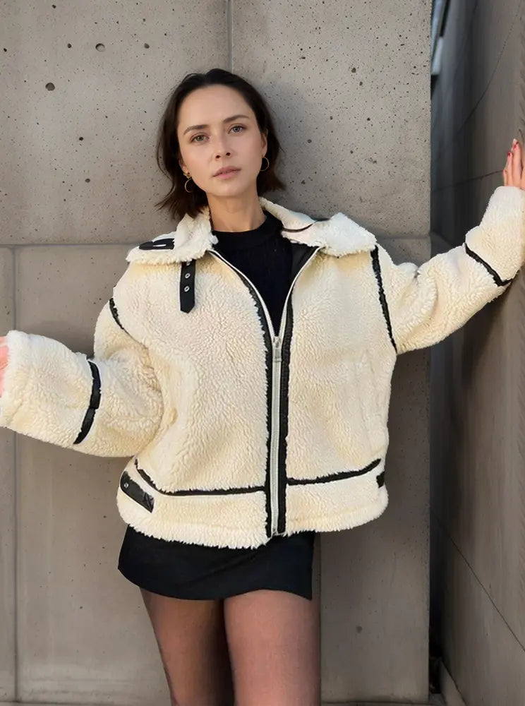 Modische Damenjacke Fellbesatz Kragen Trendy