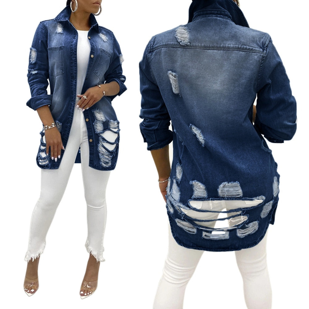 Stylische Frauen Jeansjacke Ripped Design
