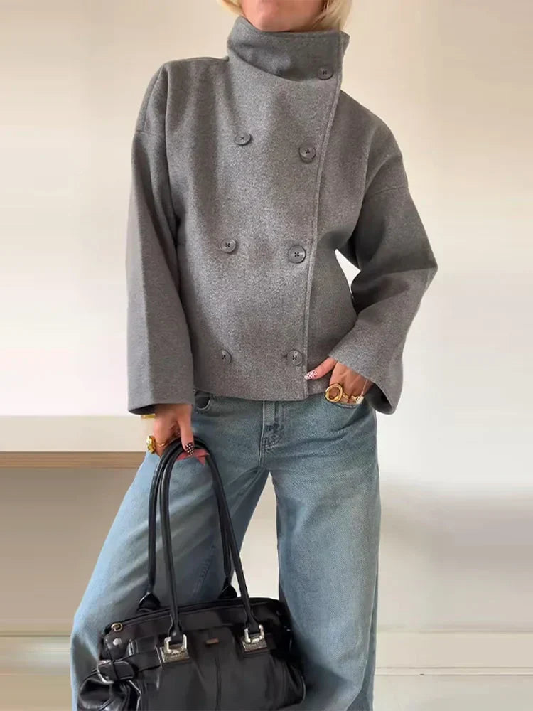 Oversized Wollmantel Kurz Stehkragen Damen