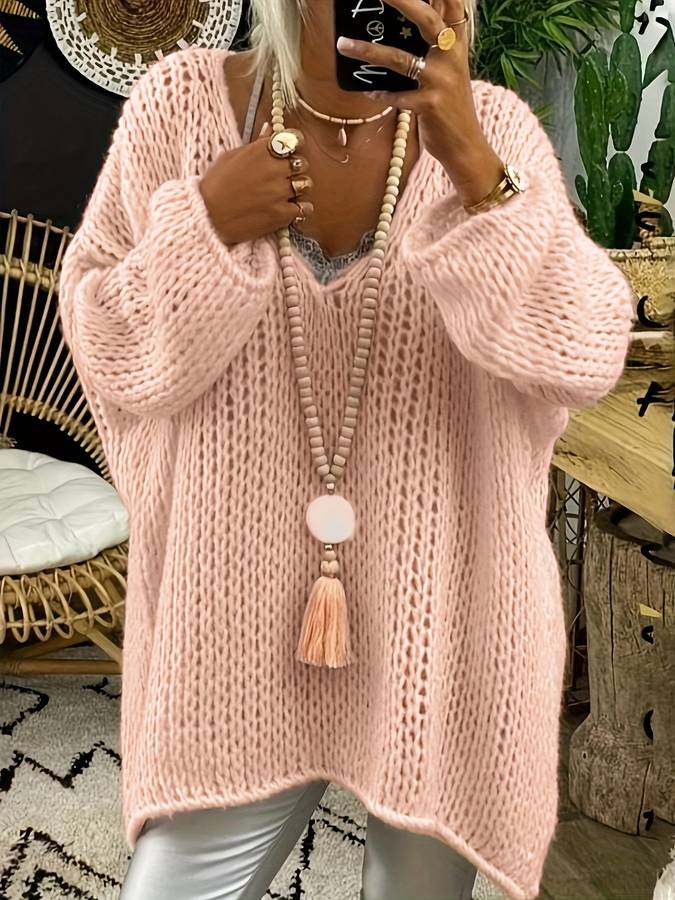 Gestrickter Oversize Pullover V-Ausschnitt Frauen - IdealeKleiden