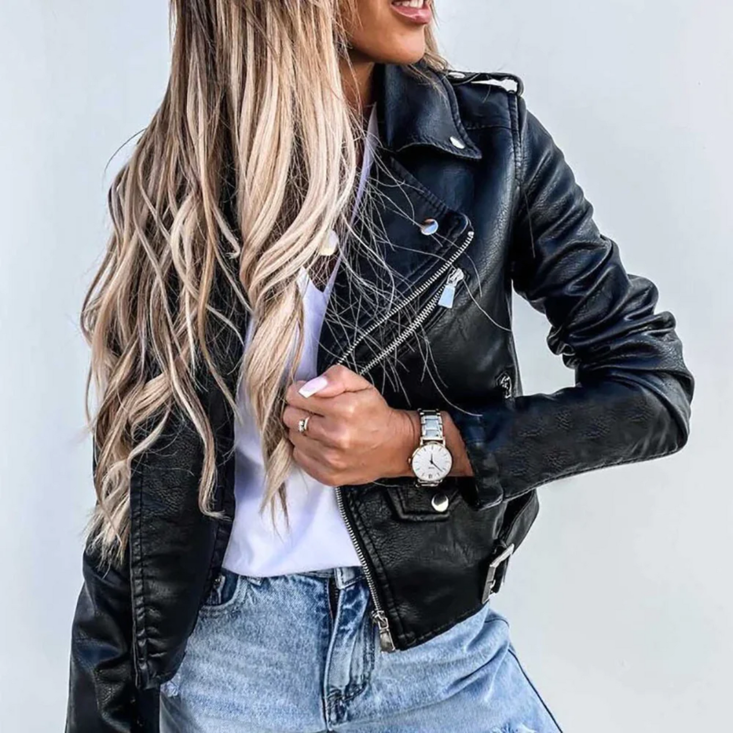 Elegante Lederjacke Damen Modern Gefüttert