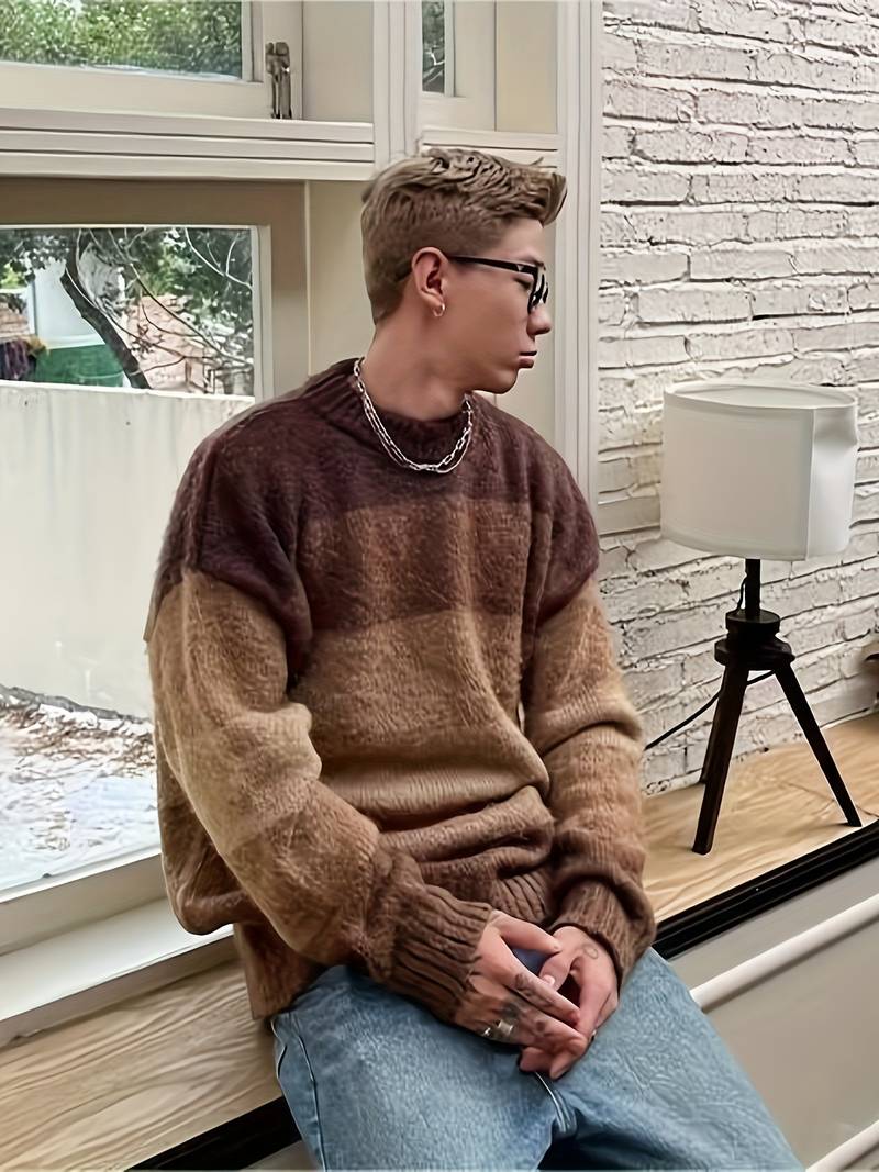 Herren Pullover Rundhals Farbblock Design - IdealeKleiden