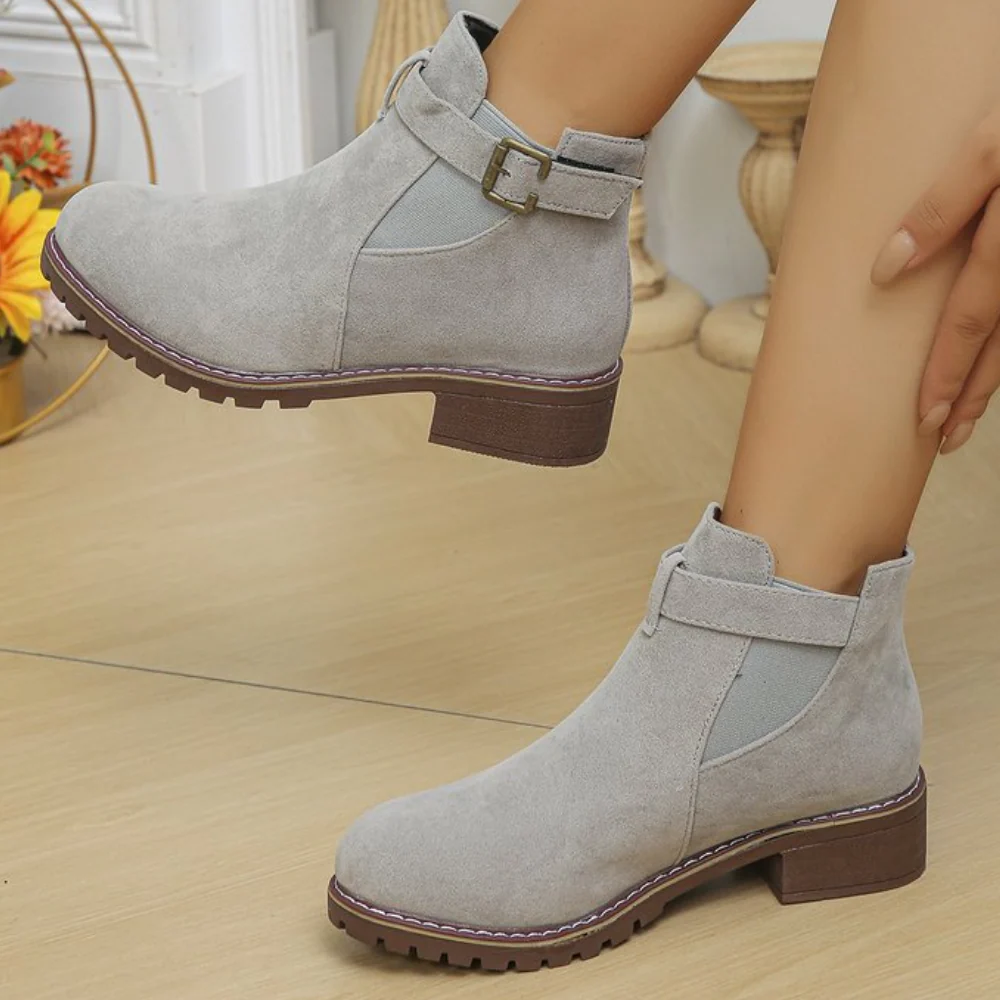 Frauen Stiefeletten Rauleder Schnallen Blockabsatz