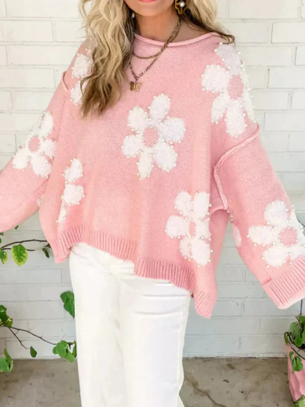 Übergröße Pullover mit Perlenblumen Dekor Rundhals - IdealeKleiden