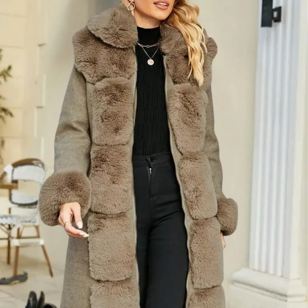 Damen Trenchcoat Wollmix Lockere Passform Kunstpelz - IdealeKleiden