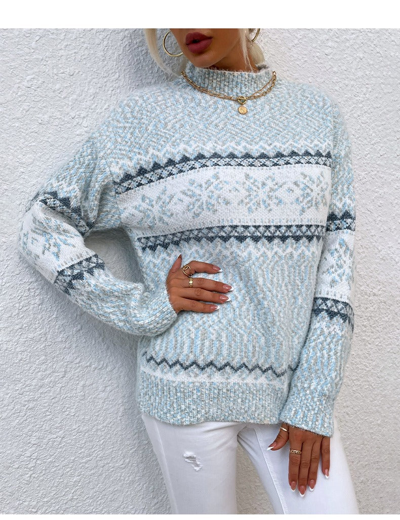 Weiche Wollpullover Lässig Schneemuster Hochkragen