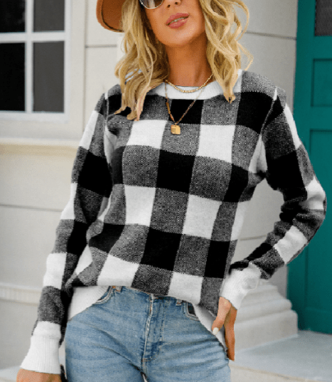 Karierte Strickjacke Damen Pullover - IdealeKleiden