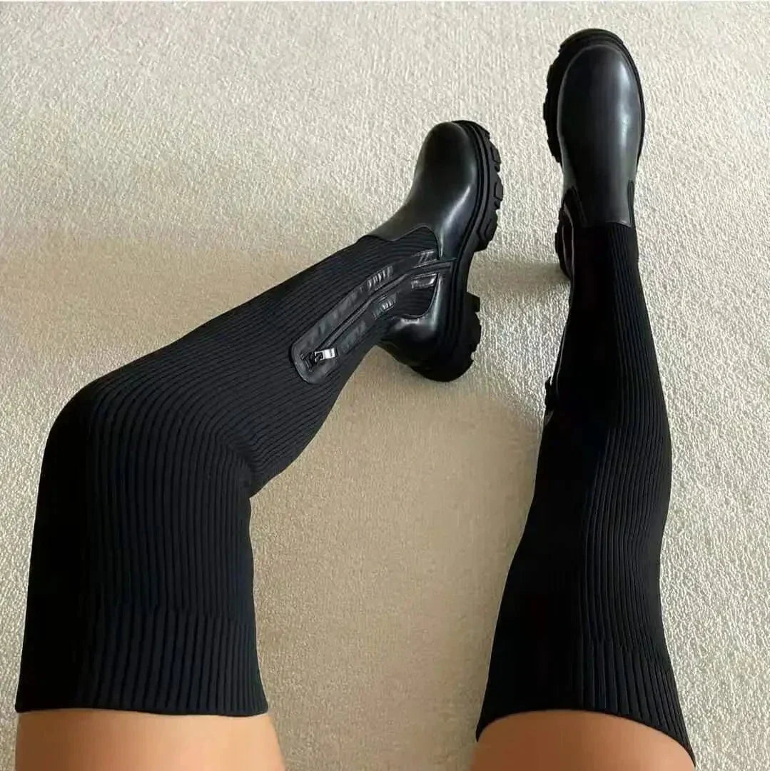 Modische Sockenstiefel Überkniehoch Damen