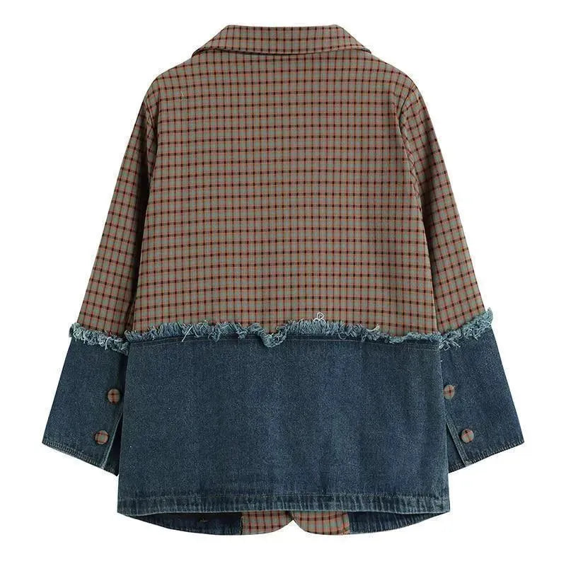Karierte Denim Blazer Damen Übergröße Lässig Patchwork - IdealeKleiden