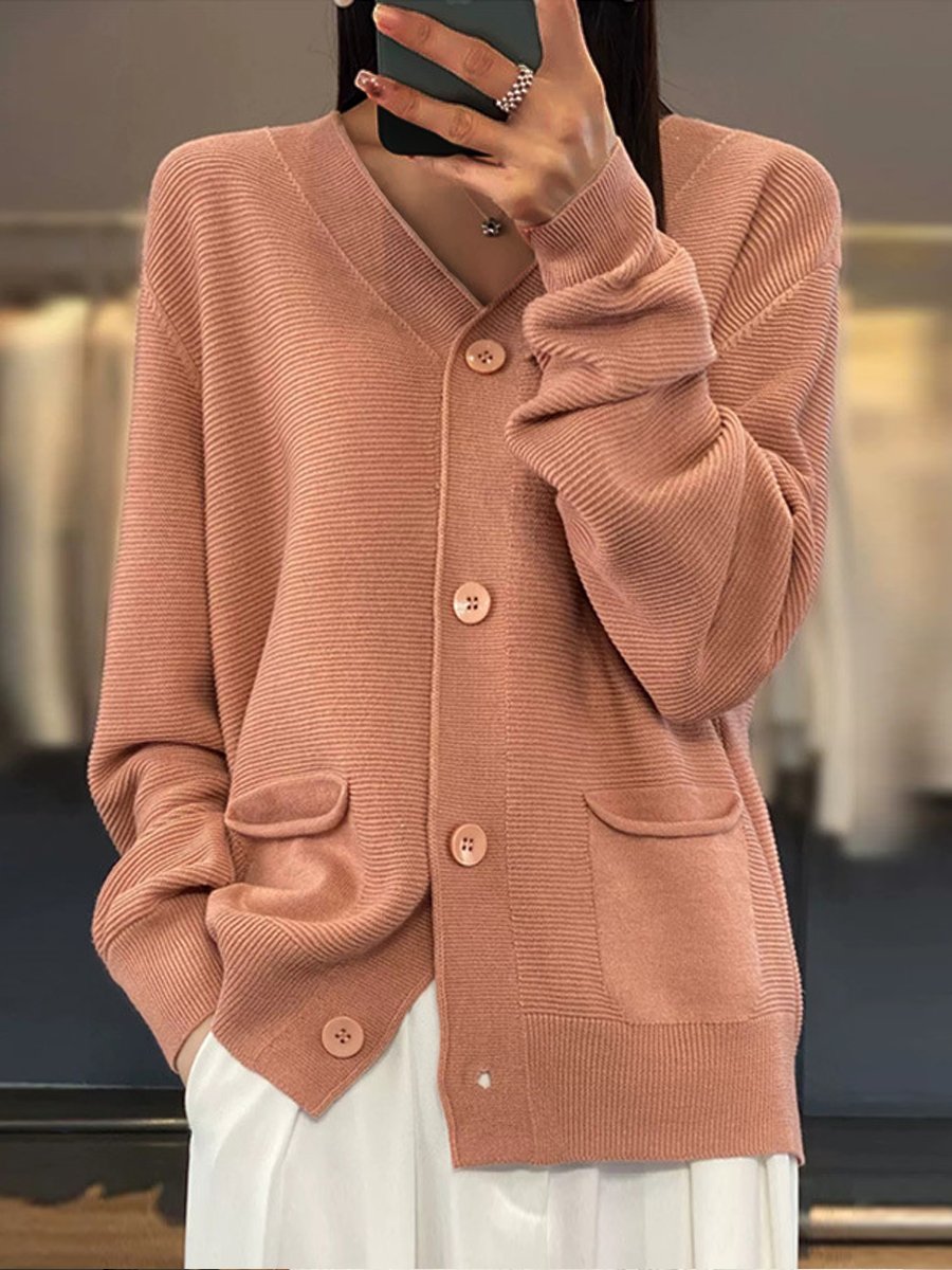 Eleganter Strick-Cardigan Einfarbiger V-Ausschnitt