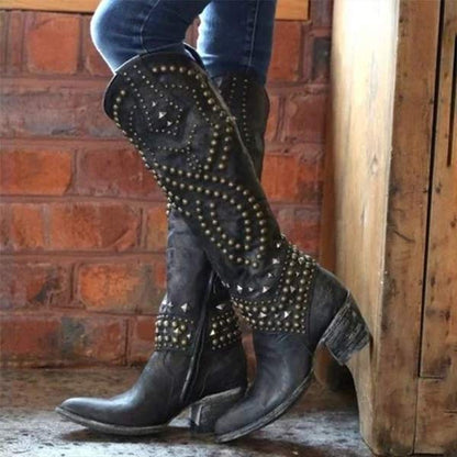 Stilvolle Stiefel Damen Hoch Metall Nieten Blockabsatz
