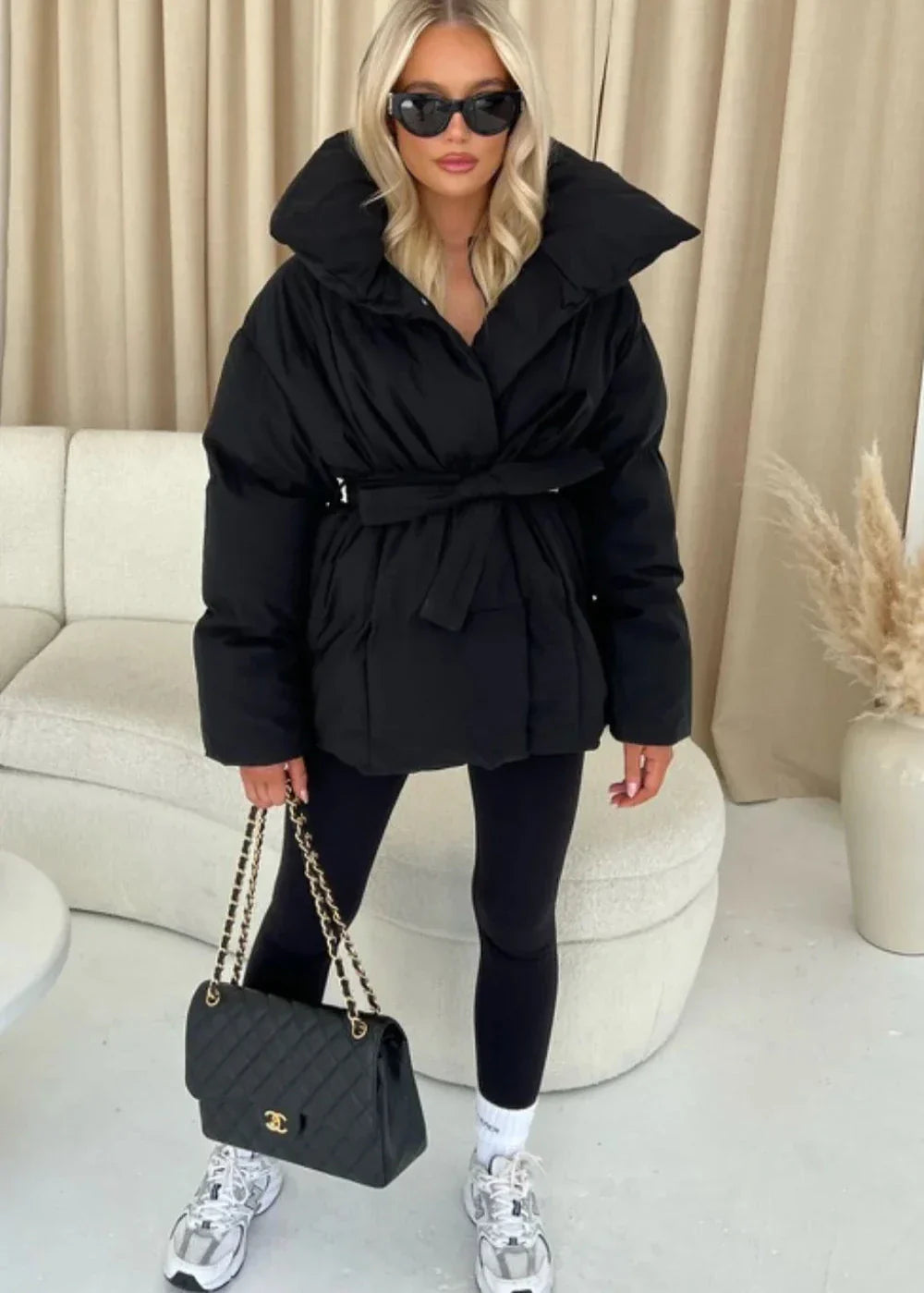 Damen Winterjacke Braun Oversized Gürtel