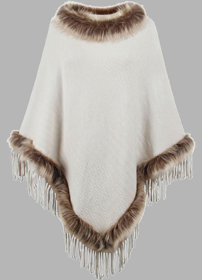 Eleganter Damen Poncho Lang Mantel mit Kunstpelz