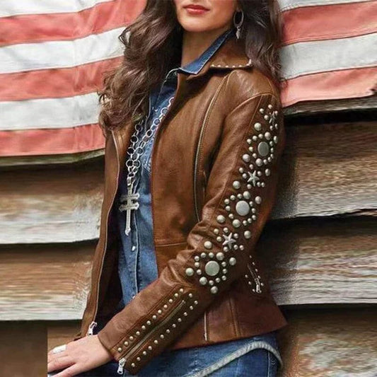 Lederjacke Biker Stil Nieten Design Reißverschluss - IdealeKleiden