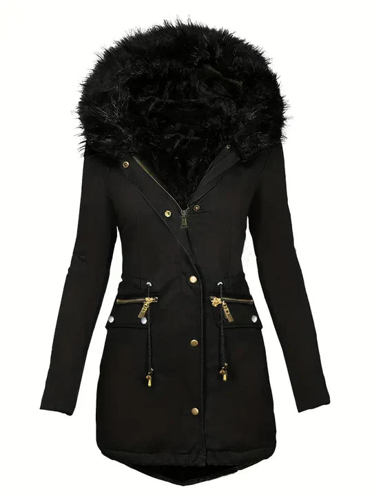 Winter-Parka Mantel mit Kunstfell-Kapuze und Kordelzug - IdealeKleiden