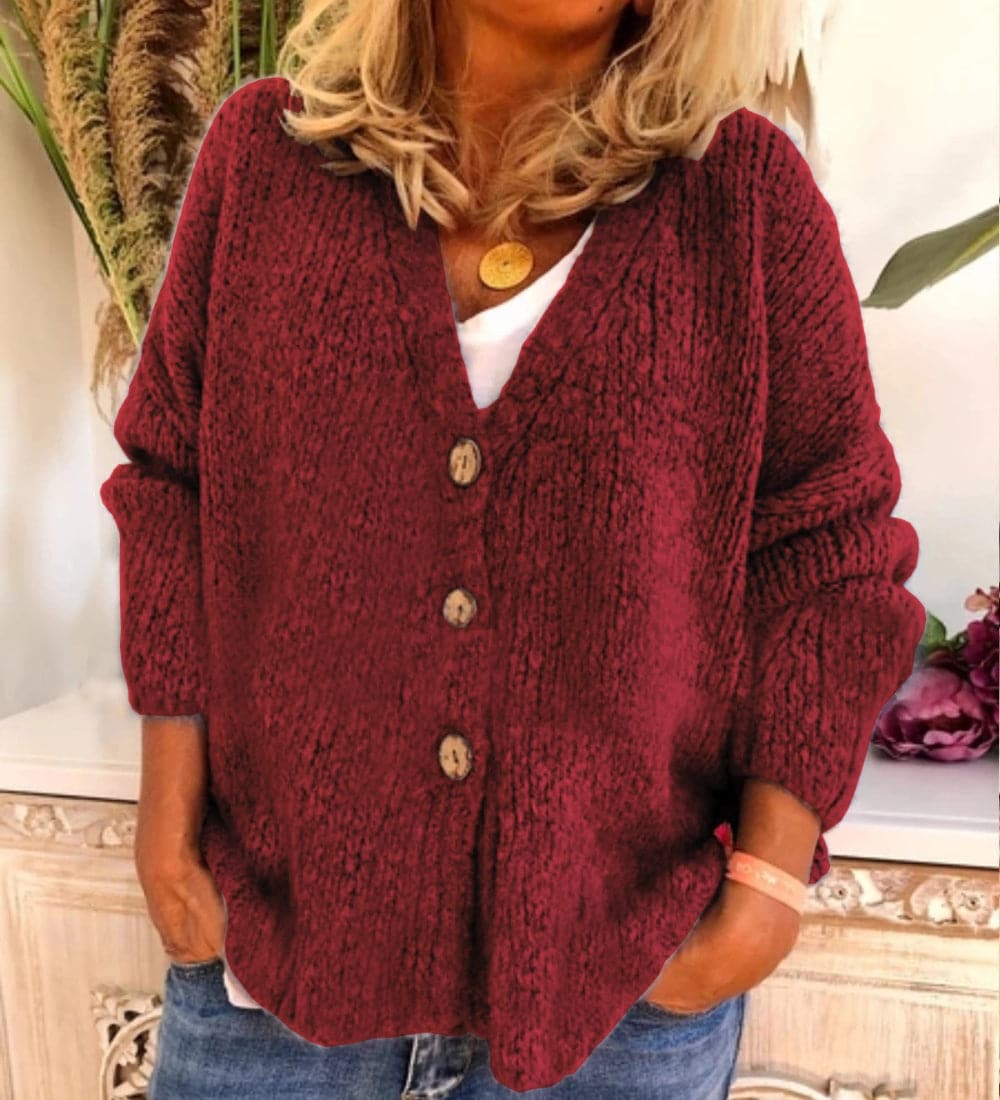 Strickjacke Frauen Lockere Passform V-Ausschnitt - IdealeKleiden