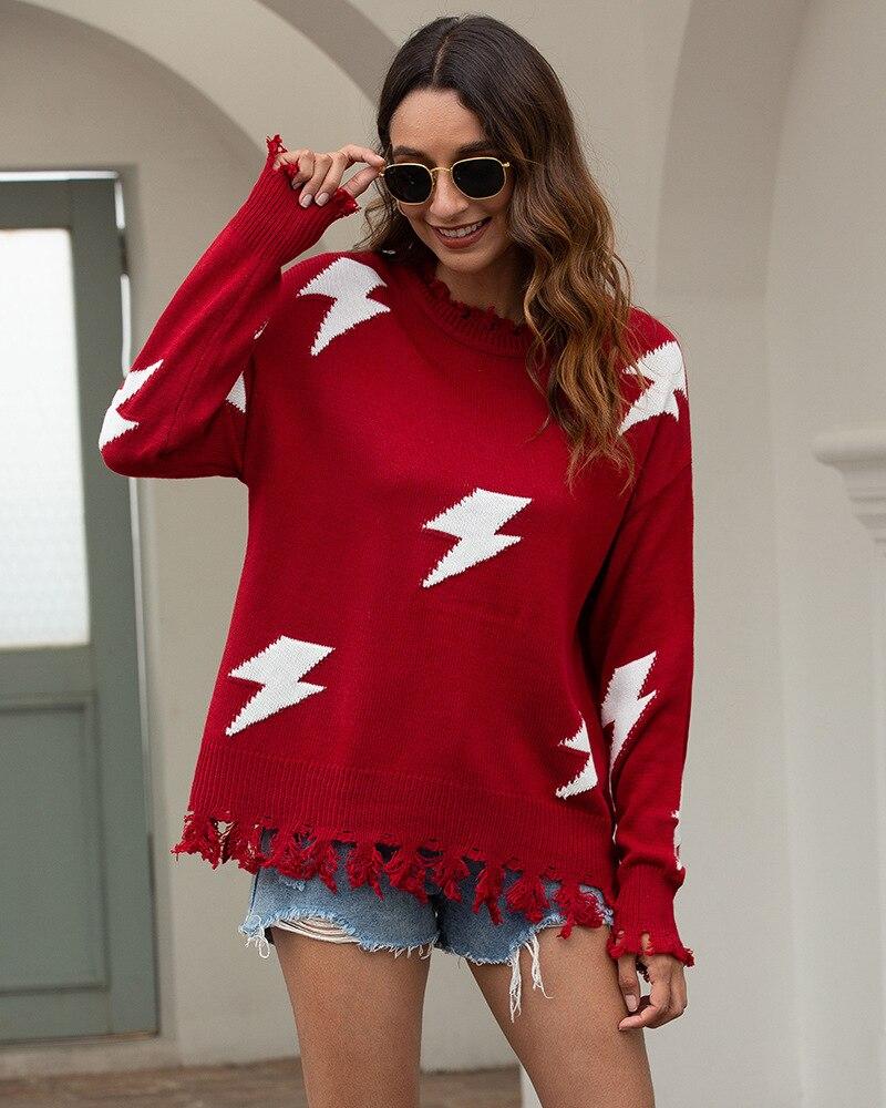Strickpullover Frauen Lockere Passform Fransen Detail - IdealeKleiden