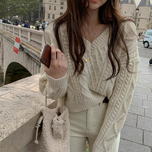 Strickpullover Damen V-Ausschnitt Lässig Langärmlig - IdealeKleiden