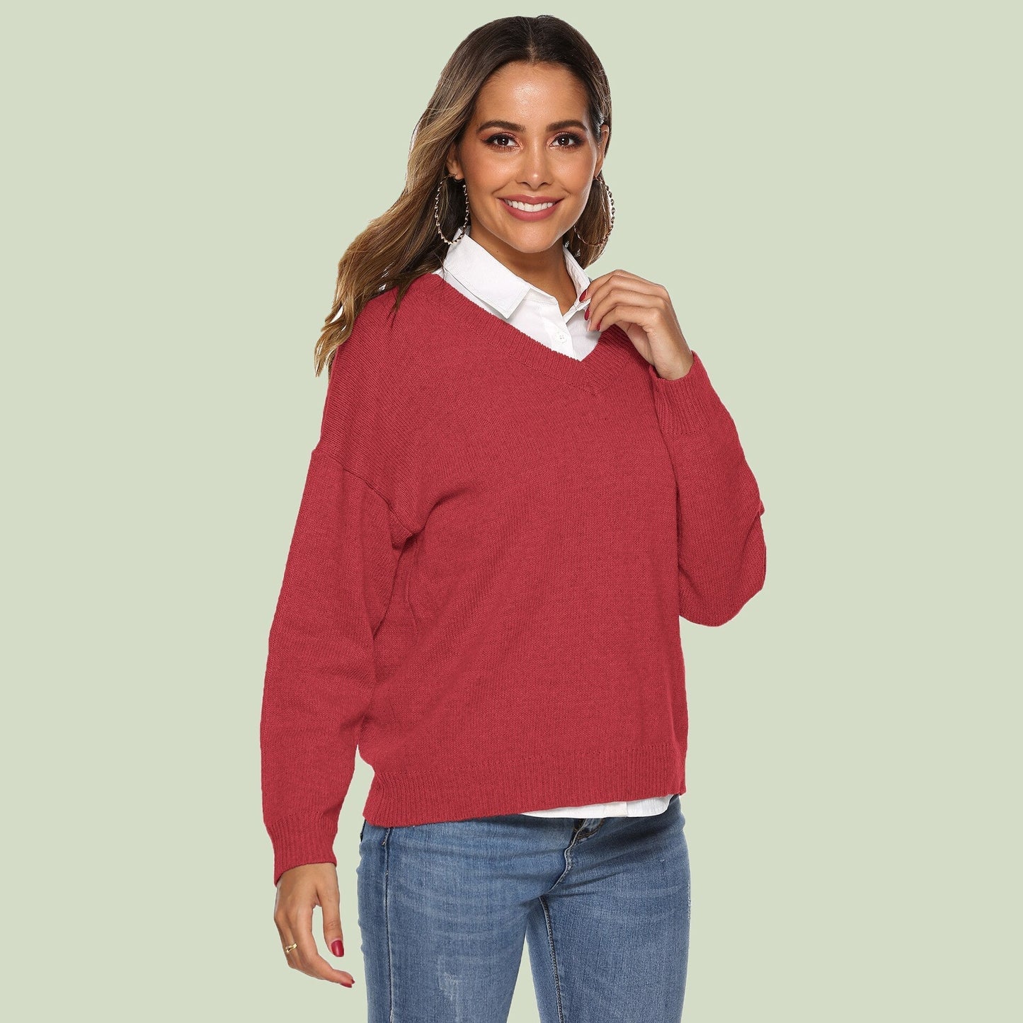 Strickpullover Damen V-Ausschnitt Bequem Langärmlig - IdealeKleiden