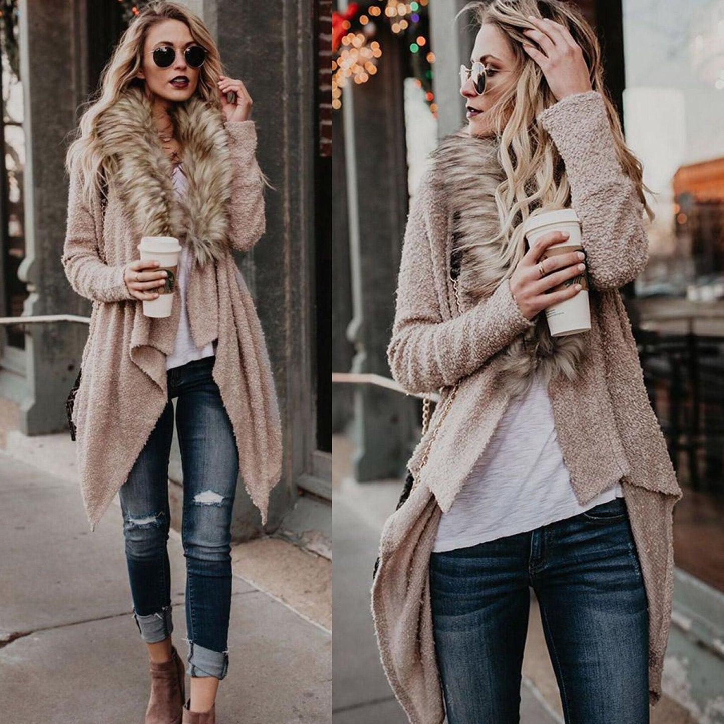 Damen Strickcardigan Luxus Fellkragen Asymmetrisch Elegант