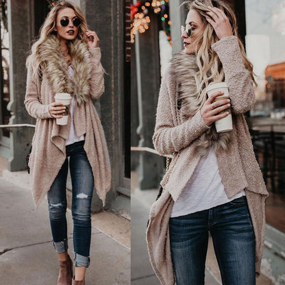 Damen Strickcardigan Luxus Fellkragen Asymmetrisch Elegант