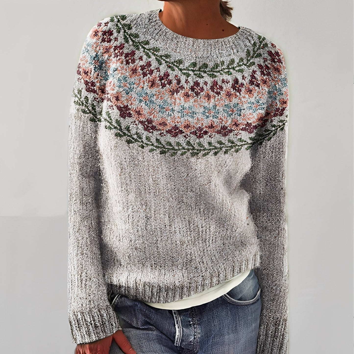 Klassischer Damenpullover mit Muster → Eleganter Damenpullover mit Blumenmuster
