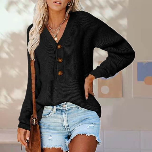 Damen Strickpullover Herbst Bequem V-Ausschnitt