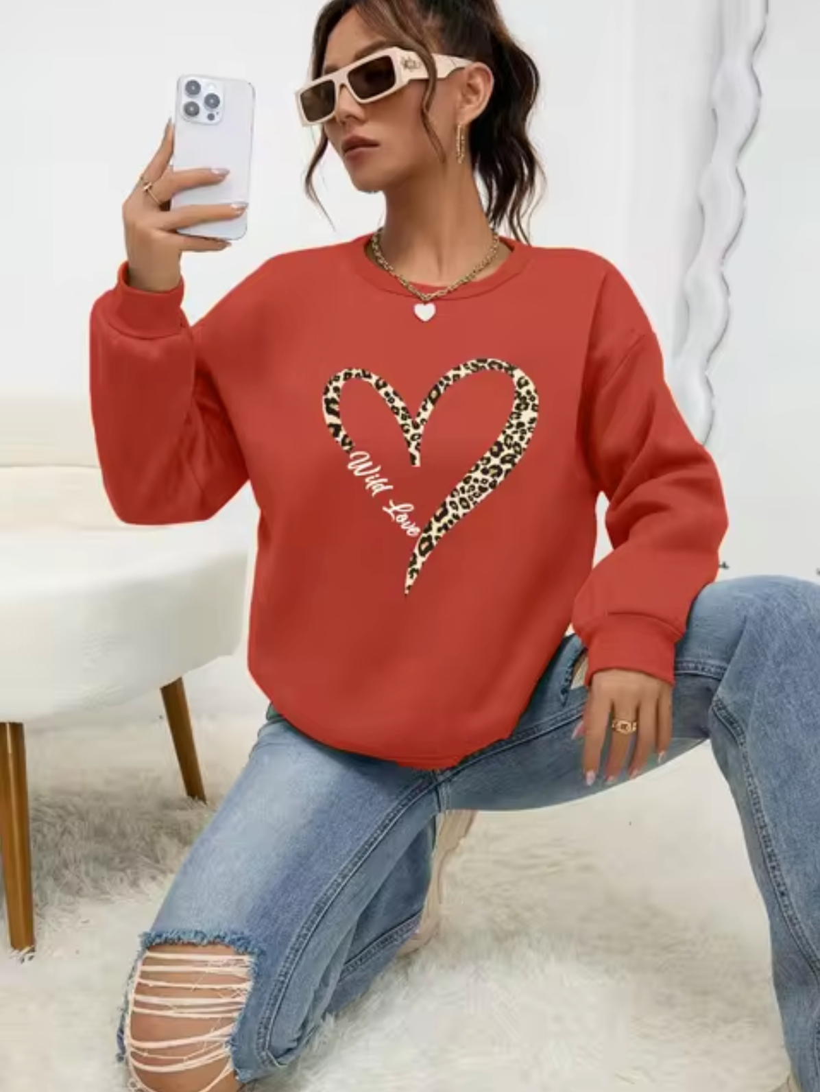 Stylish Pulli Leopard Herz Muster