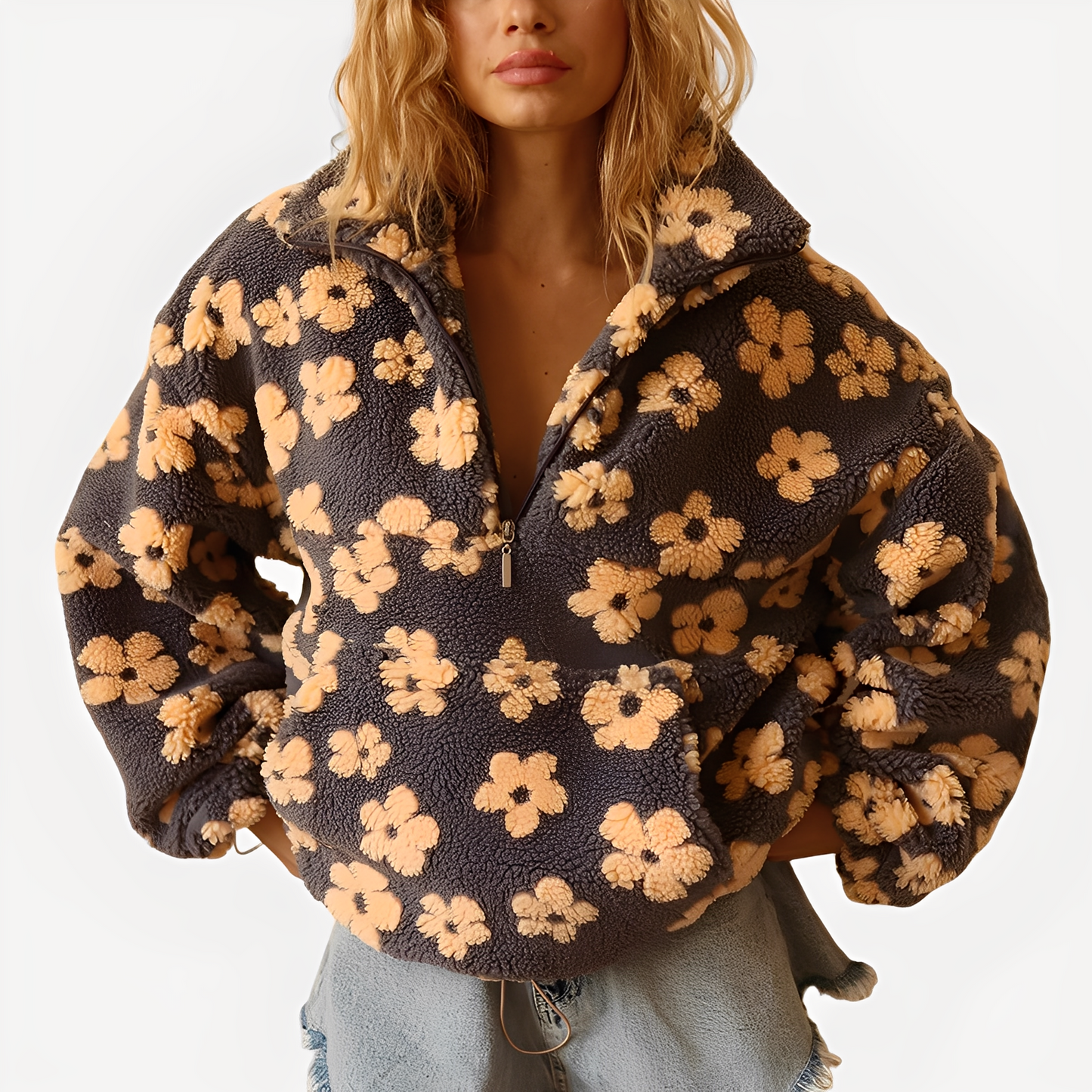 Damen Sherpa Pullover Blumenmuster Trendy