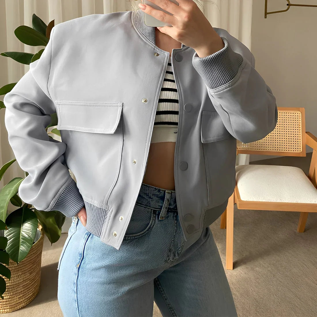 Damen Lederjacke Relaxed Fit Große Taschen - IdealeKleiden