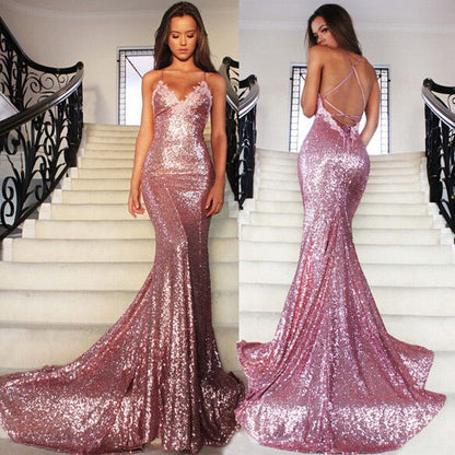 Damen Abendkleid Glitzer Pailletten Elegant Lang