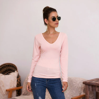 Damen Langarmshirt V-Ausschnitt Elegant Slimfit